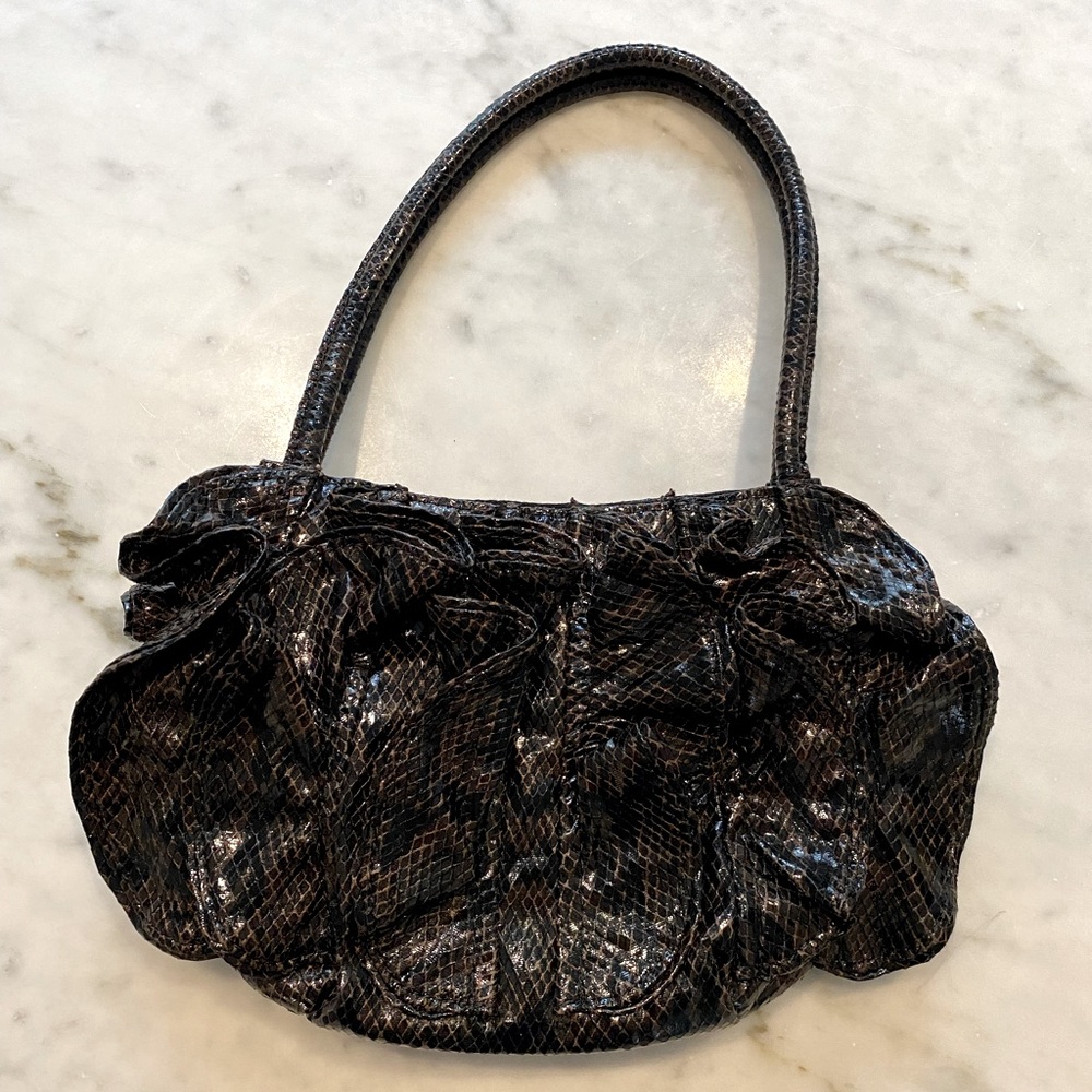 Sondra Roberts ruffled brown faux snakeskin purse